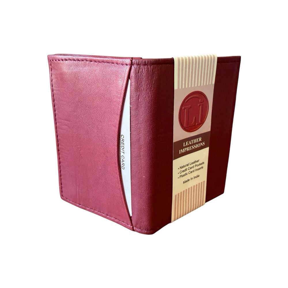 Vintage Genuine Leather Card Holder Burgundy Red ID Credit Card Wallet NOS